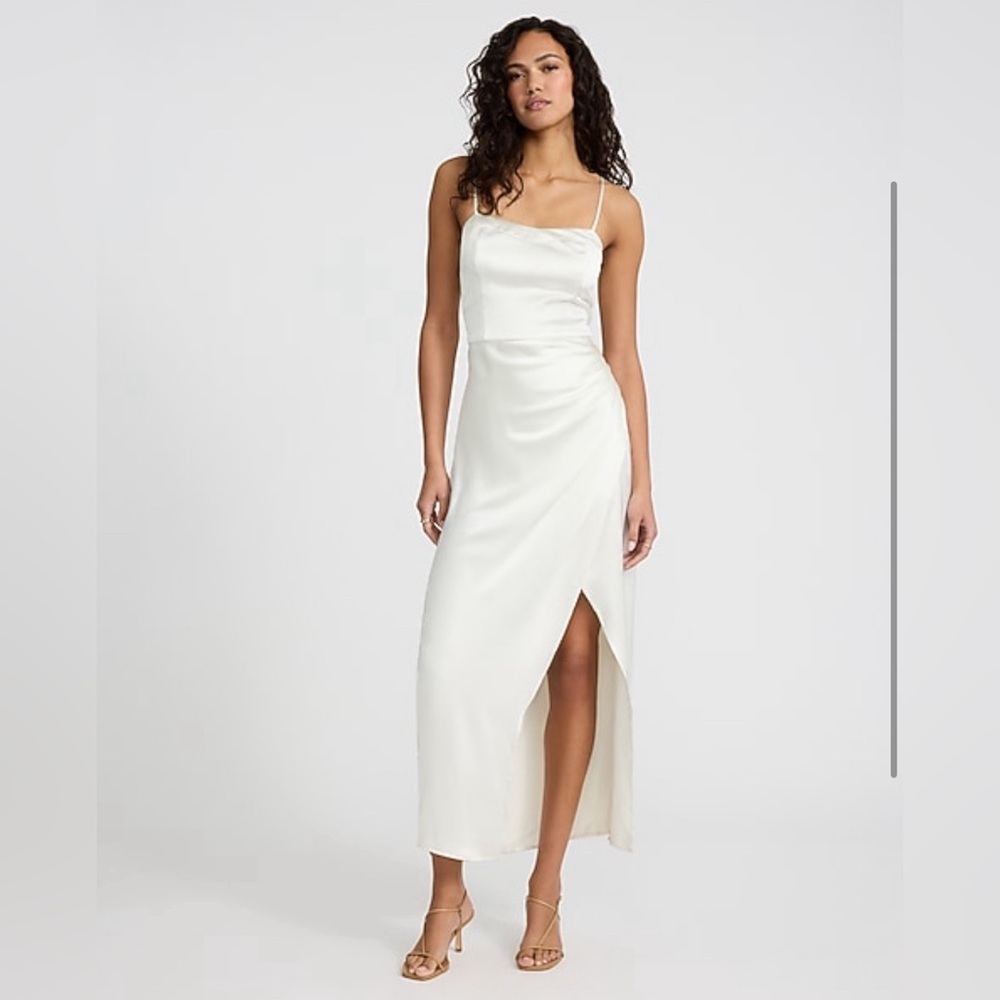 NWT Express Satin Sweetheart Sleeveless Wrap Ruched Side Maxi Dress